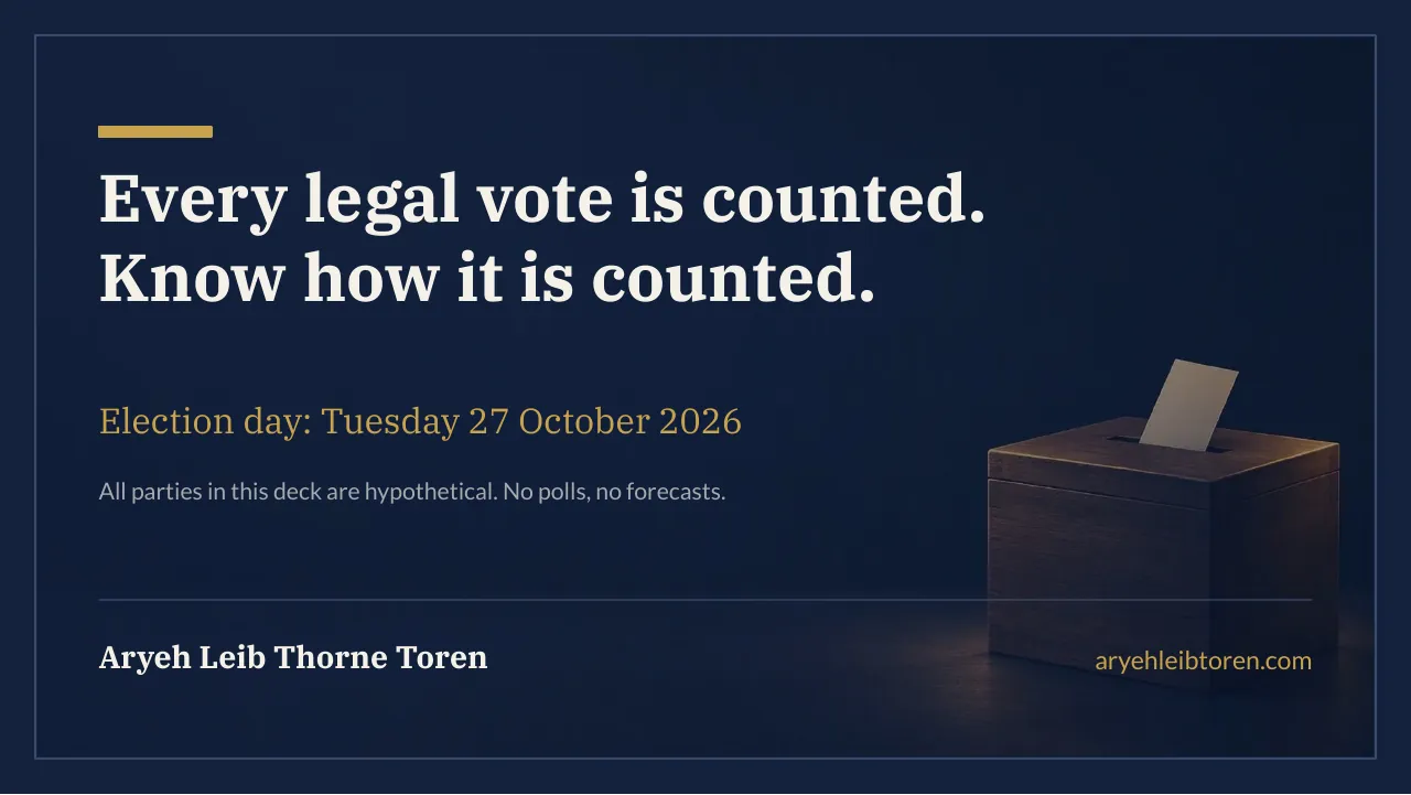 Closing slide: Every legal vote is counted. Know how it is counted, over a softly lit wooden ballot box.