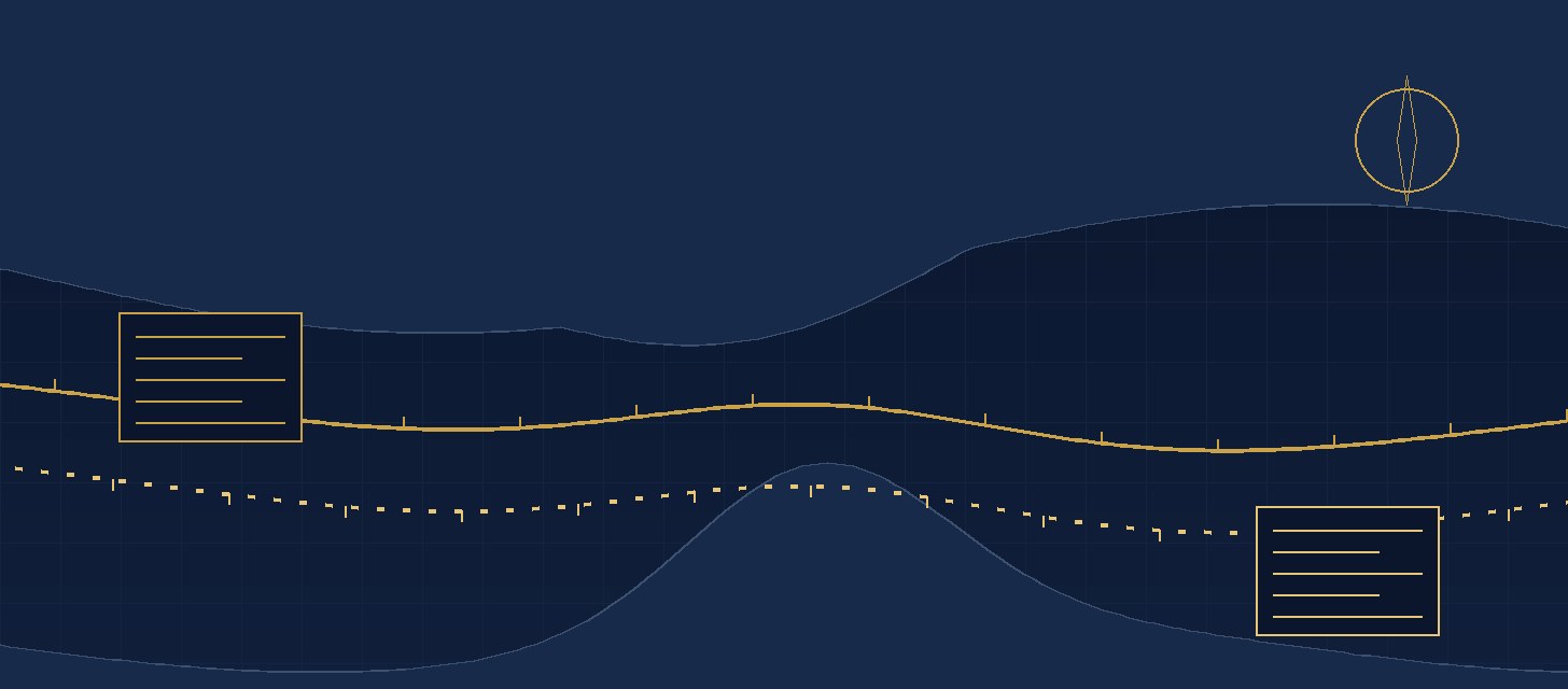 Original abstract chart in navy and gold: a narrow channel between two shorelines, a solid gold line and a dotted gold line running side by side through it, each marked by a ledger box, with a compass ring above.